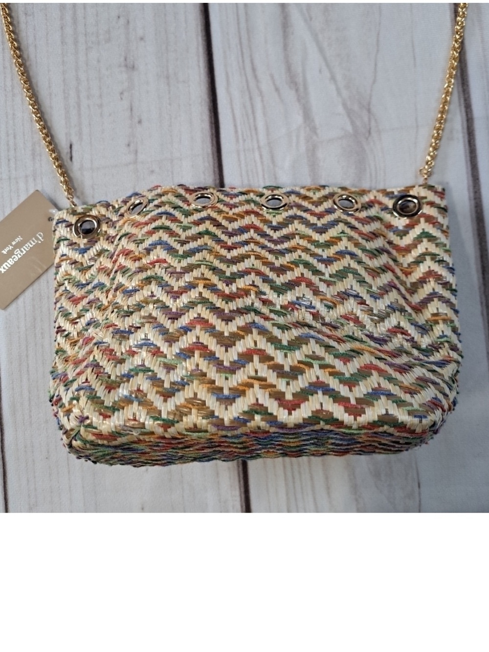 Woven Multicolor Straw Crossbody Bag with Gold Chain